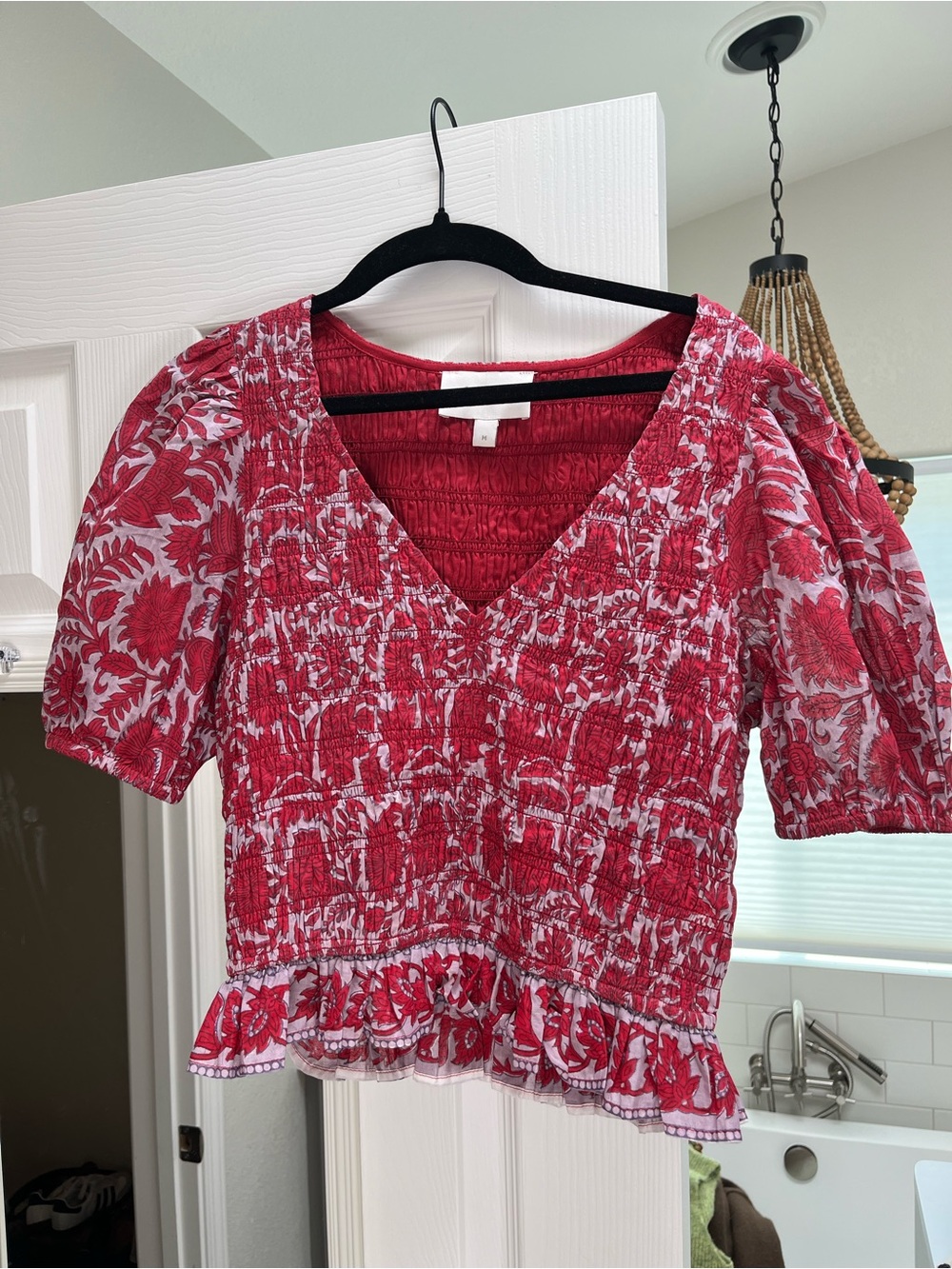 Cleobella Red Floral Smocked V-Neck crop Women's Top